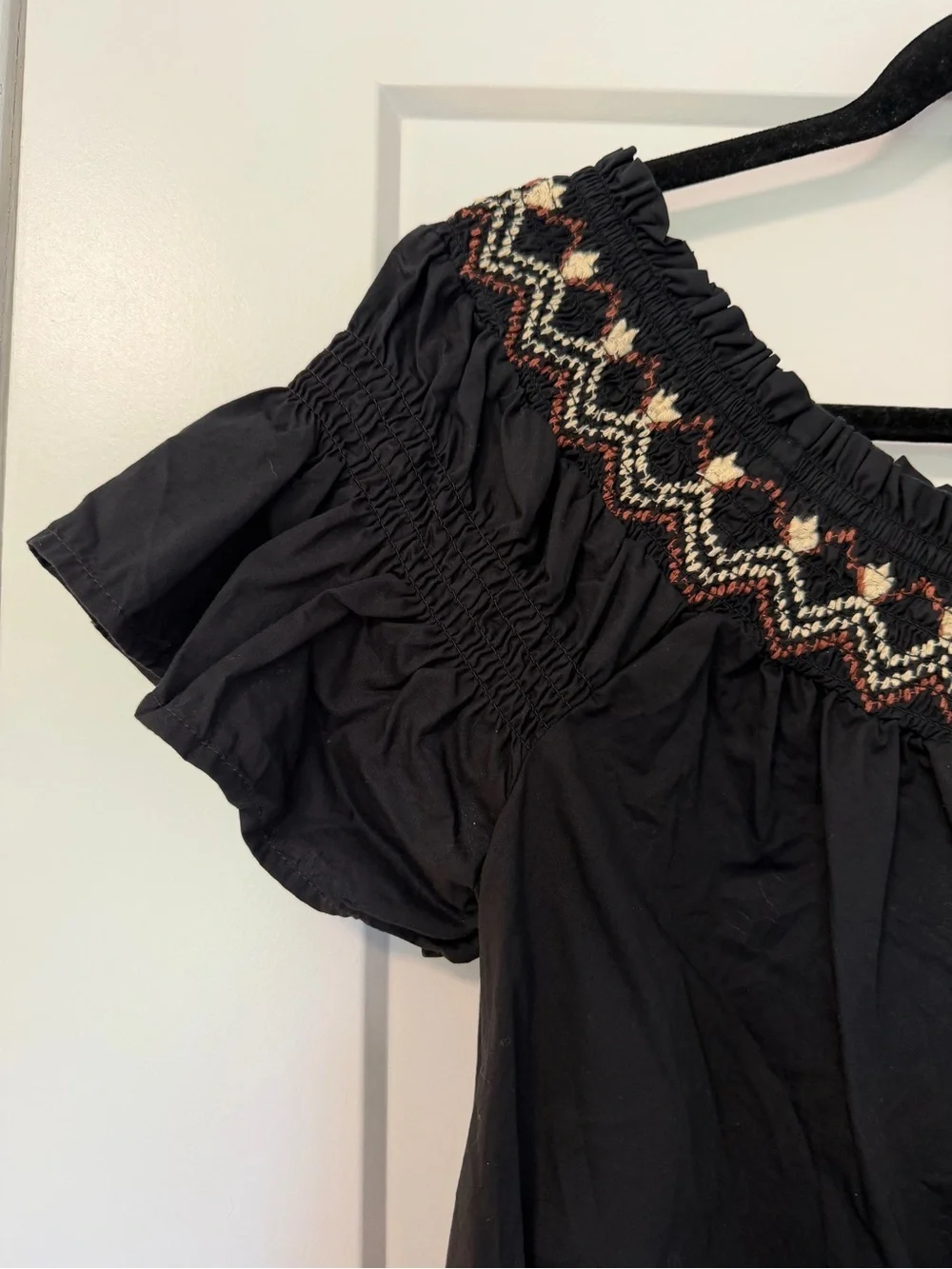 Old Navy Black Off-Shoulder Top with Multicolor Embroidered Yoke